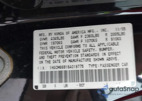 2006 Honda Accord 3.0 Ex from USA, damaged, VIN 1HGCM66816A019775